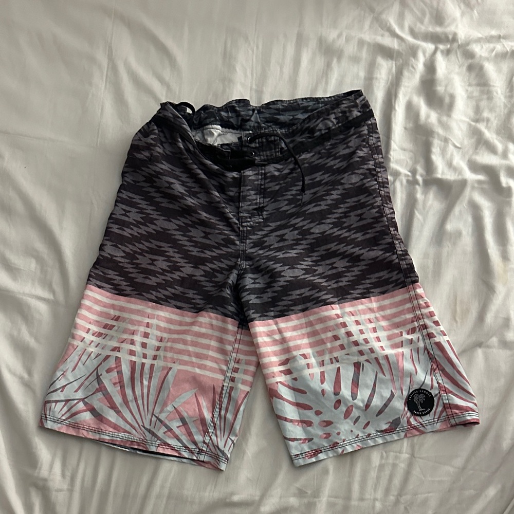 Patterned Swim Shorts with Pink and Gray Design